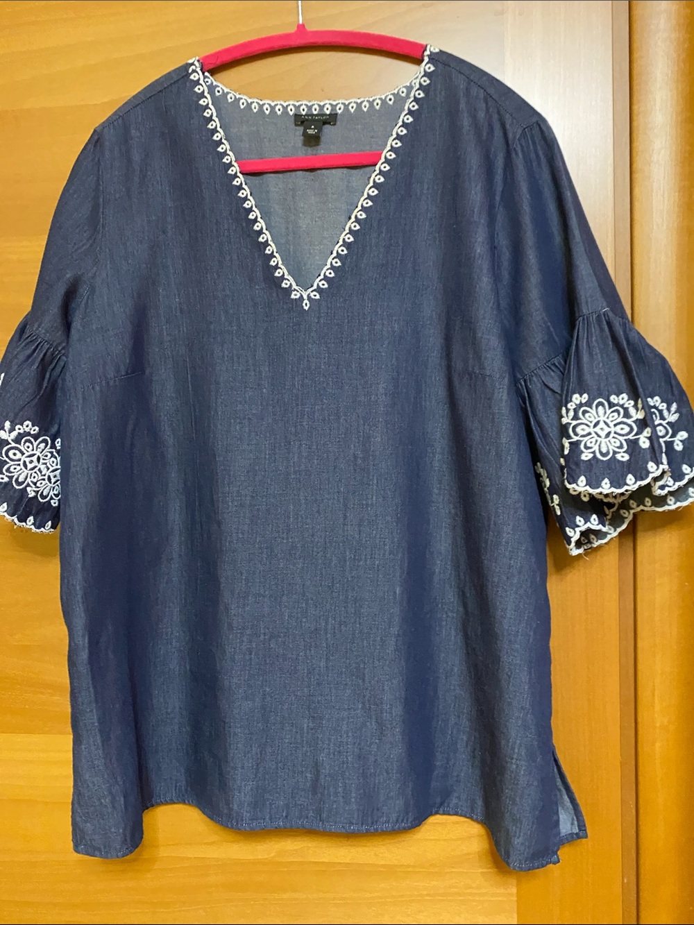 Ann Taylor Navy Embroidered V-Neck Bell Sleeve Tunic